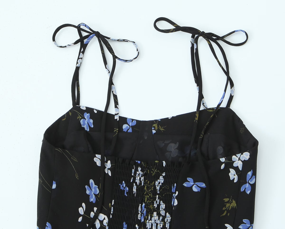 Spring French Vintage Floral Printed High Waist Sexy Side Split Hem Sling Dress OMI