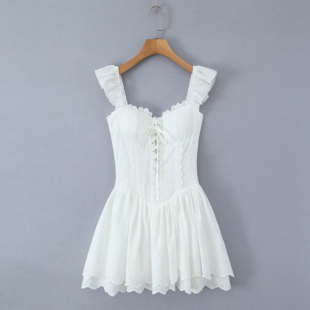 Sweet Sexy Lace Embroidered Suspender Puffy Chest Tied Slim Fit Mini Dress Aiostar