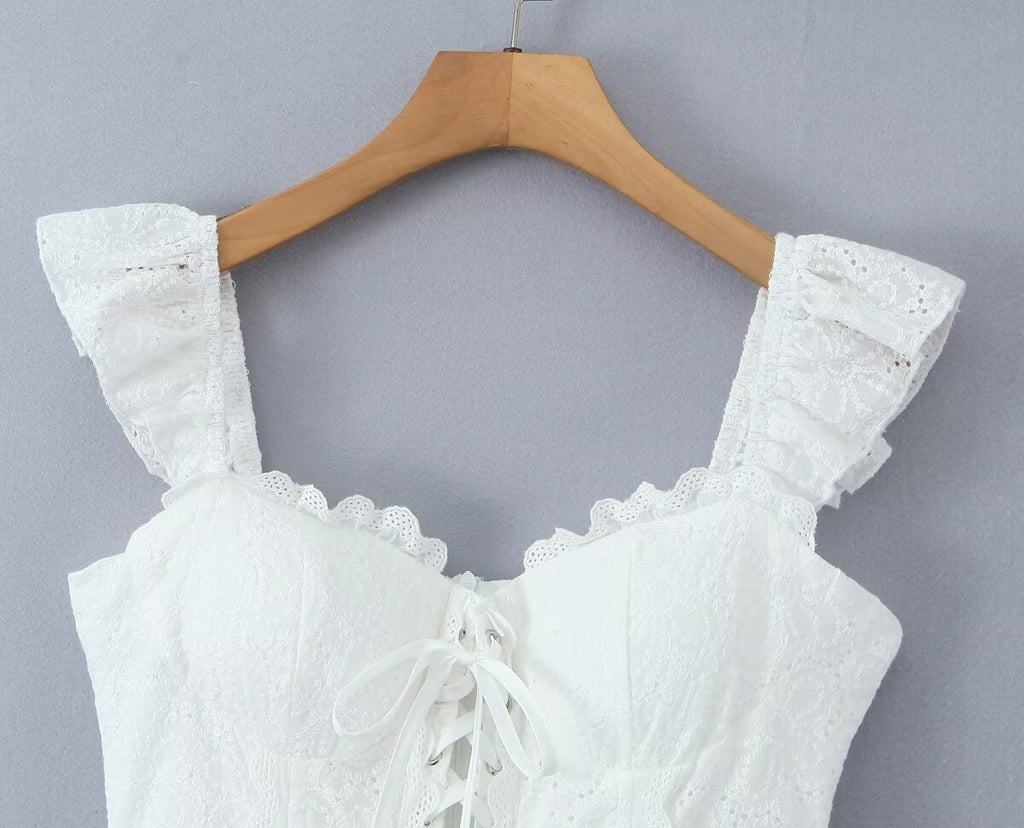 Sweet Sexy Lace Embroidered Suspender Puffy Chest Tied Slim Fit Mini Dress Aiostar
