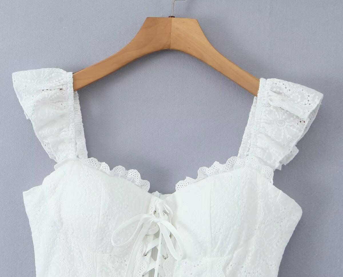 Sweet Sexy Lace Embroidered Suspender Puffy Chest Tied Slim Fit Mini Dress Aiostar