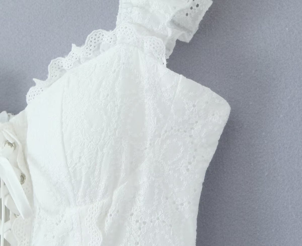Sweet Sexy Lace Embroidered Suspender Puffy Chest Tied Slim Fit Mini Dress Aiostar