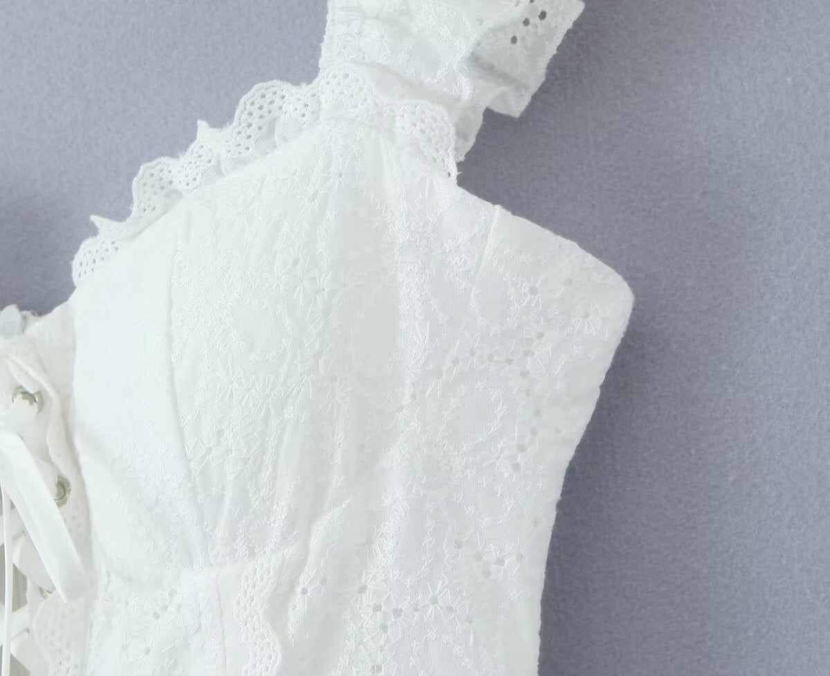 Sweet Sexy Lace Embroidered Suspender Puffy Chest Tied Slim Fit Mini Dress Aiostar