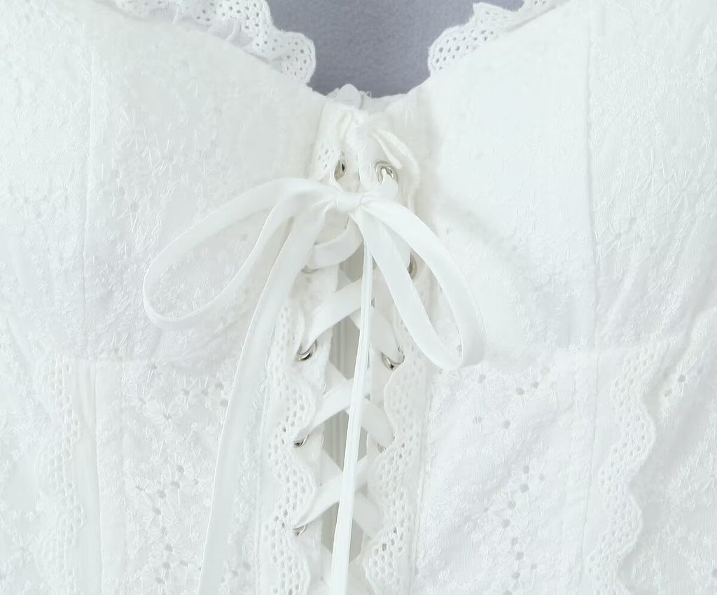Sweet Sexy Lace Embroidered Suspender Puffy Chest Tied Slim Fit Mini Dress Aiostar
