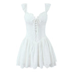 Sweet Sexy Lace Embroidered Suspender Puffy Chest Tied Slim Fit Mini Dress Aiostar