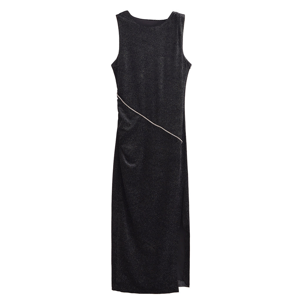 Robe élégante sans manches en velours pour femme, coupe slim et brillante