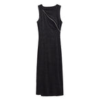 Robe élégante sans manches en velours pour femme, coupe slim et brillante