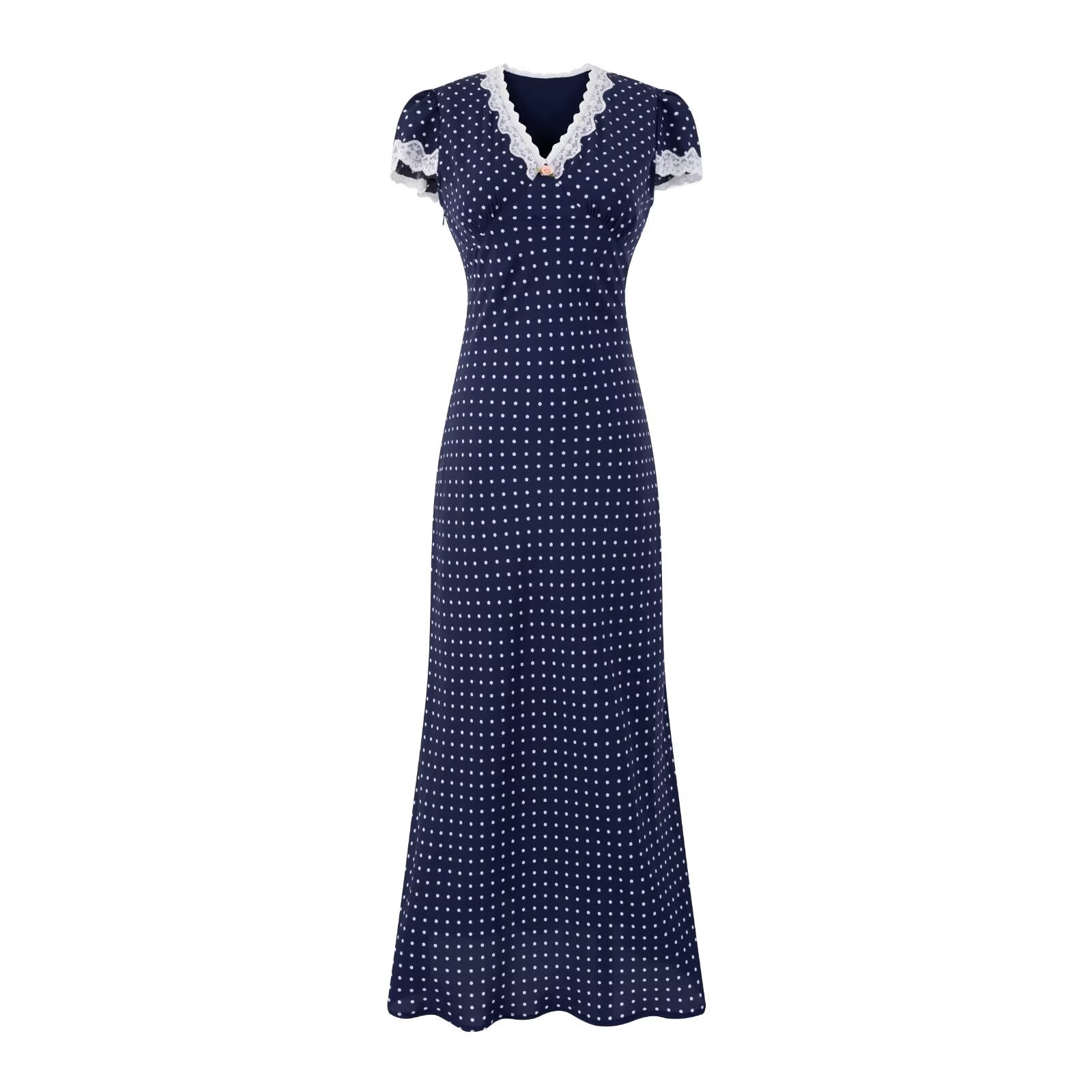 V neck Lace Stitching Short Sleeve Dress Women Polka Dot Print Slim Fit Waist Controlled Lace up Fishtail Dress PullWind