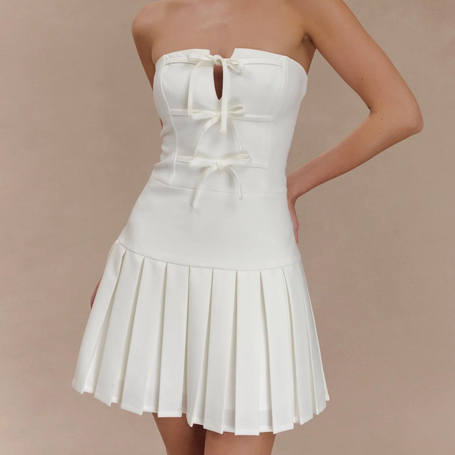 Summer Sexy Bow Lace up Cutout Tube Top A line Pleated Dress GoodMe