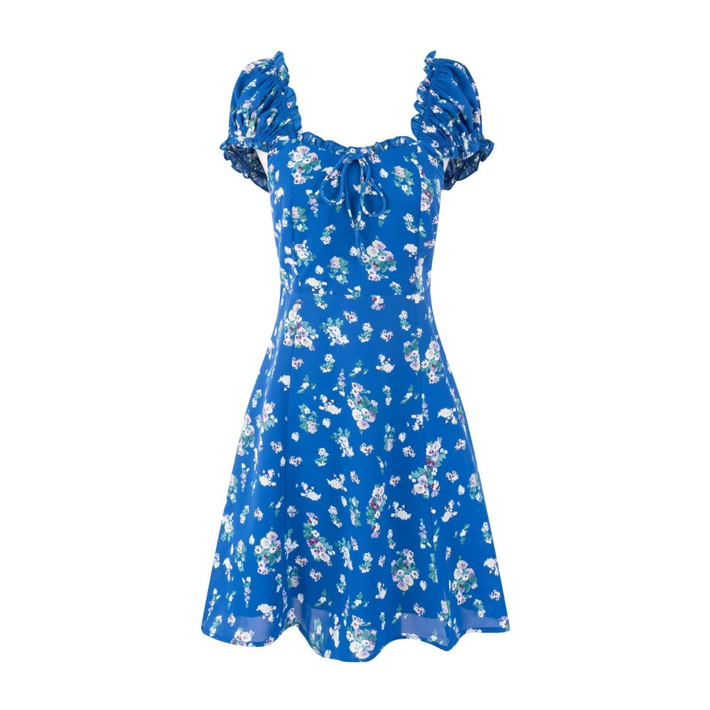 Early Spring Square Collar Puff Sleeve Waist Slimming Printing Dress PullWind