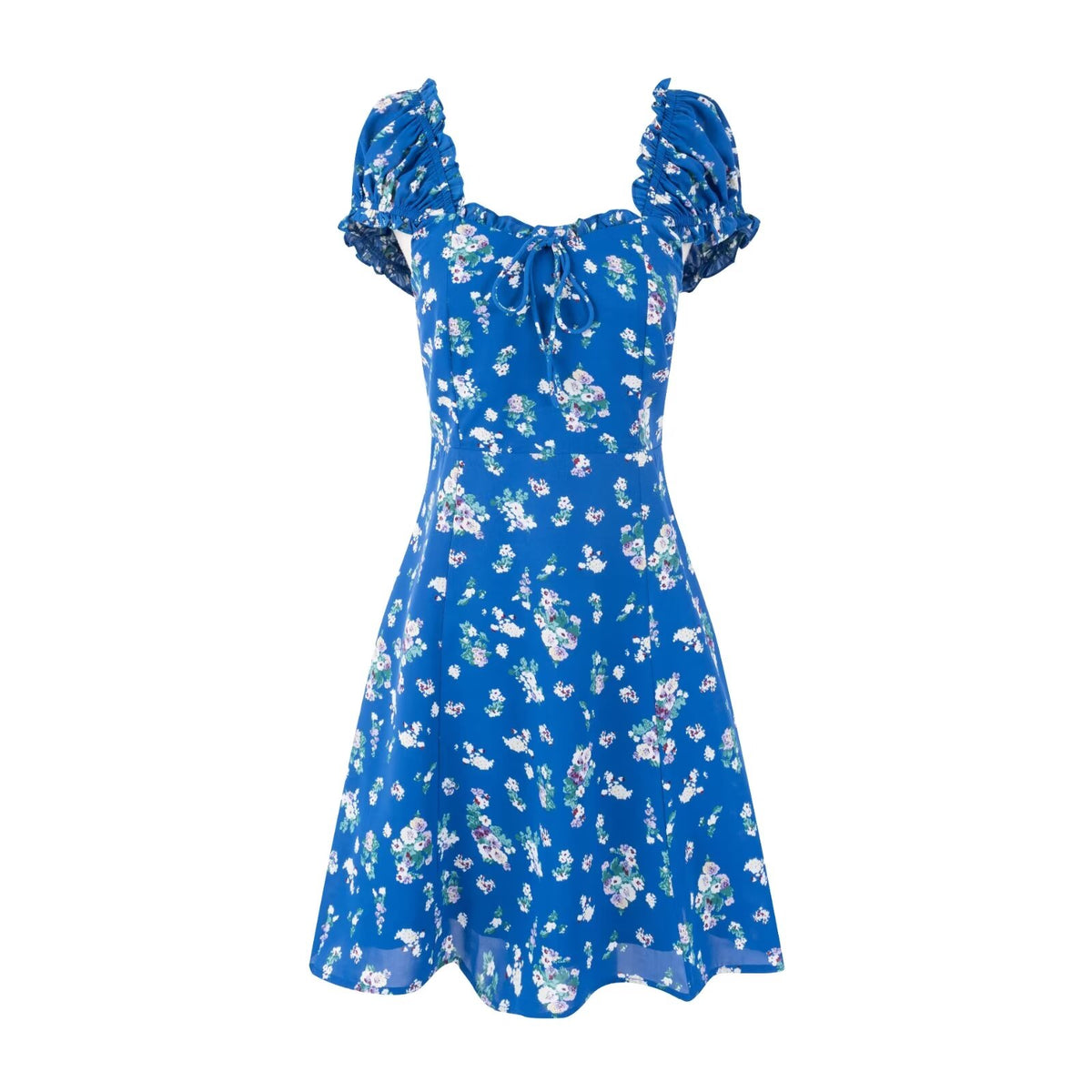 Early Spring Square Collar Puff Sleeve Waist Slimming Printing Dress PullWind