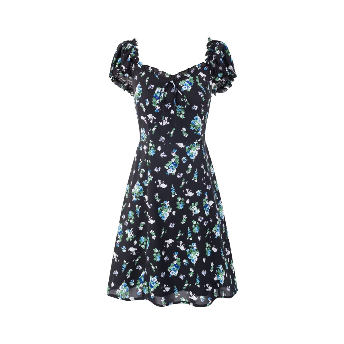 Early Spring Square Collar Puff Sleeve Waist Slimming Printing Dress PullWind