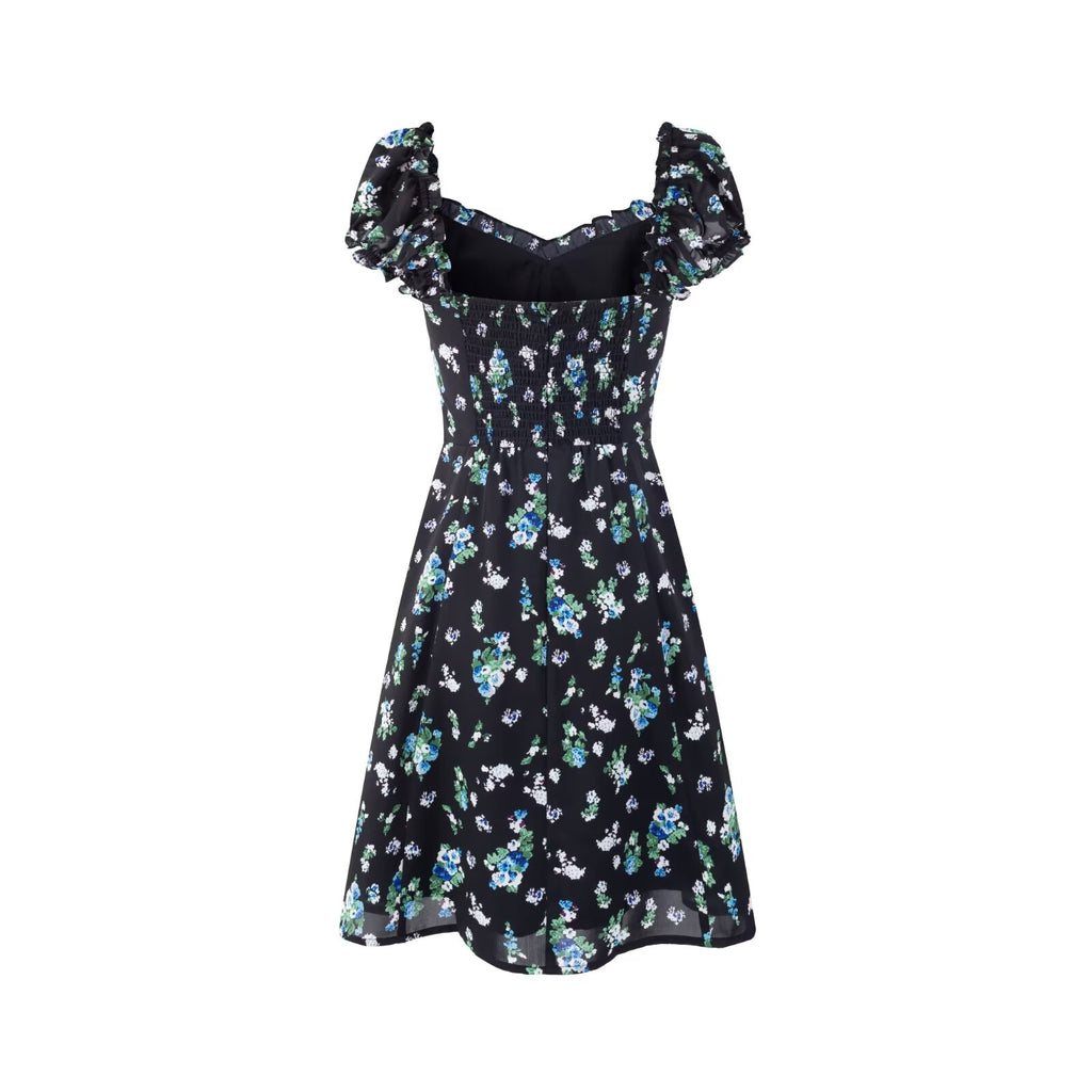 Early Spring Square Collar Puff Sleeve Waist Slimming Printing Dress PullWind