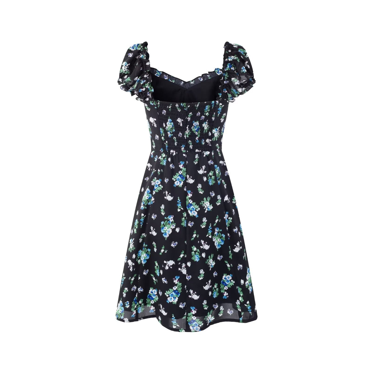 Early Spring Square Collar Puff Sleeve Waist Slimming Printing Dress PullWind