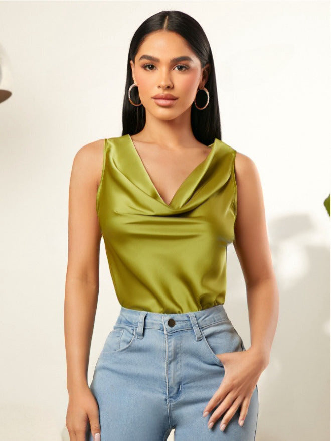 Blusa sin mangas de satén de verano con cuello de pila de color sólido para mujer