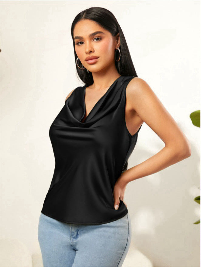 Blusa sin mangas de satén de verano con cuello de pila de color sólido para mujer