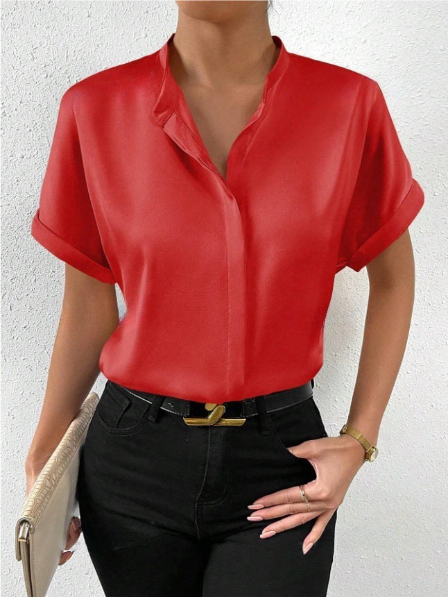 Camisa de satén de manga corta con cuello alto y hombros descubiertos para mujer, de color liso