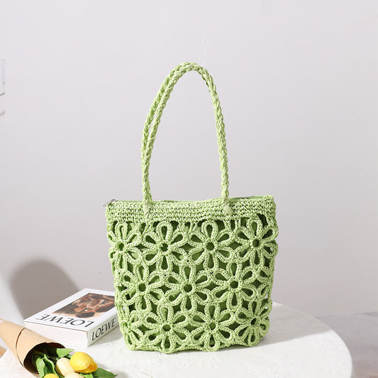 Bolso de paja con recortes florales, tejido a mano, para mujer, bandolera, portátil, para playa, vacaciones, tejido de ratán 