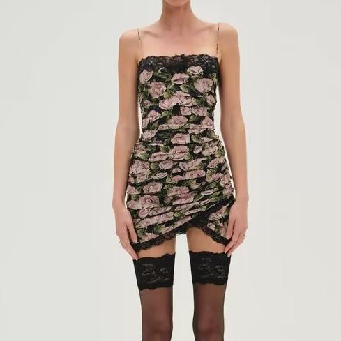Summer Women Sexy Lace Rose Printed Cami Dress Irregular Asymmetric Casual Dress Aiostar