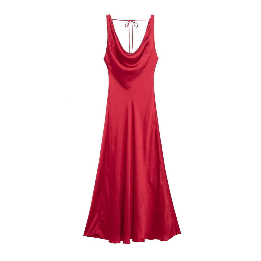 Spring Summer Women Fashionable Elegant Sexy Silk Satin Texture Length Dress Shell
