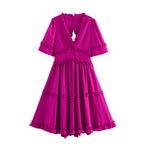 Spring Women V neck Short Sleeve Texture Ruffled Dress FRIDAY