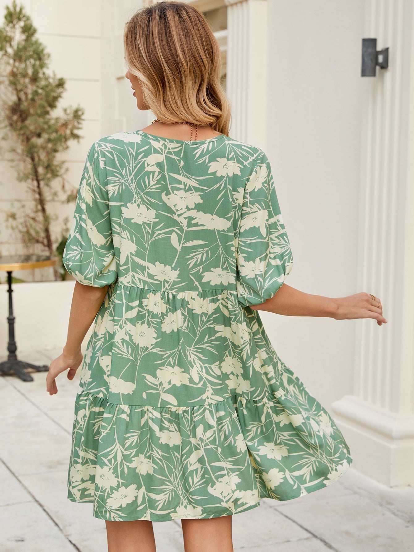 Women Summer Print V Neck Loose Short Sleeved Dress ANA