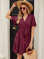 Women Summer Solid Color Butterfly Sleeve V Neck Belt Dress ANA