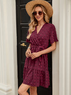 Women Summer Solid Color Butterfly Sleeve V Neck Belt Dress ANA