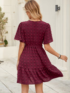 Women Summer Solid Color Butterfly Sleeve V Neck Belt Dress ANA