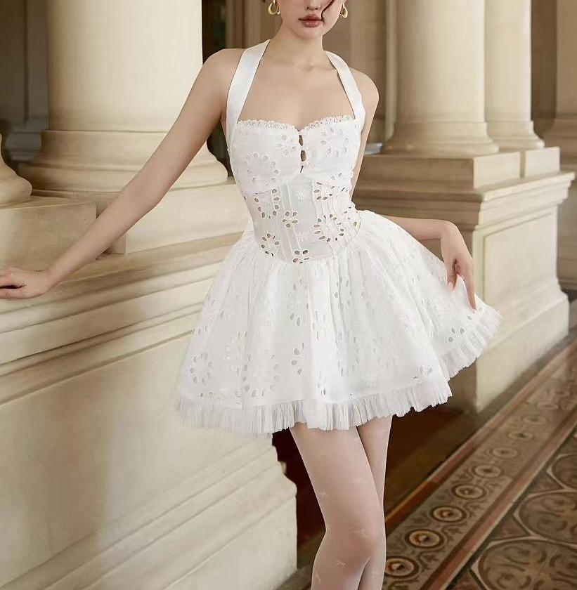 Women Sweet Cutout Embroidery Lace Stitching Halter Lace up Dress FRIDAY