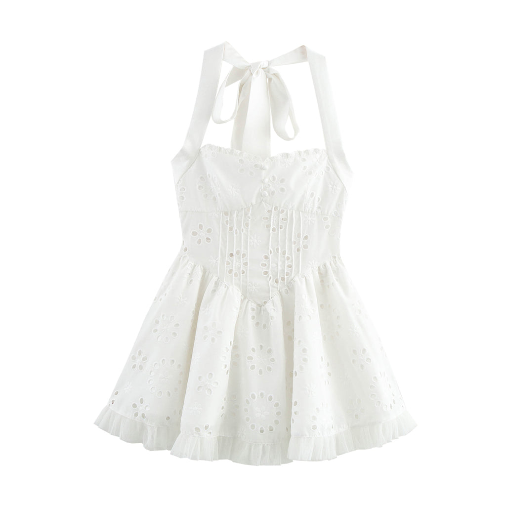 Women Sweet Cutout Embroidery Lace Stitching Halter Lace up Dress FRIDAY