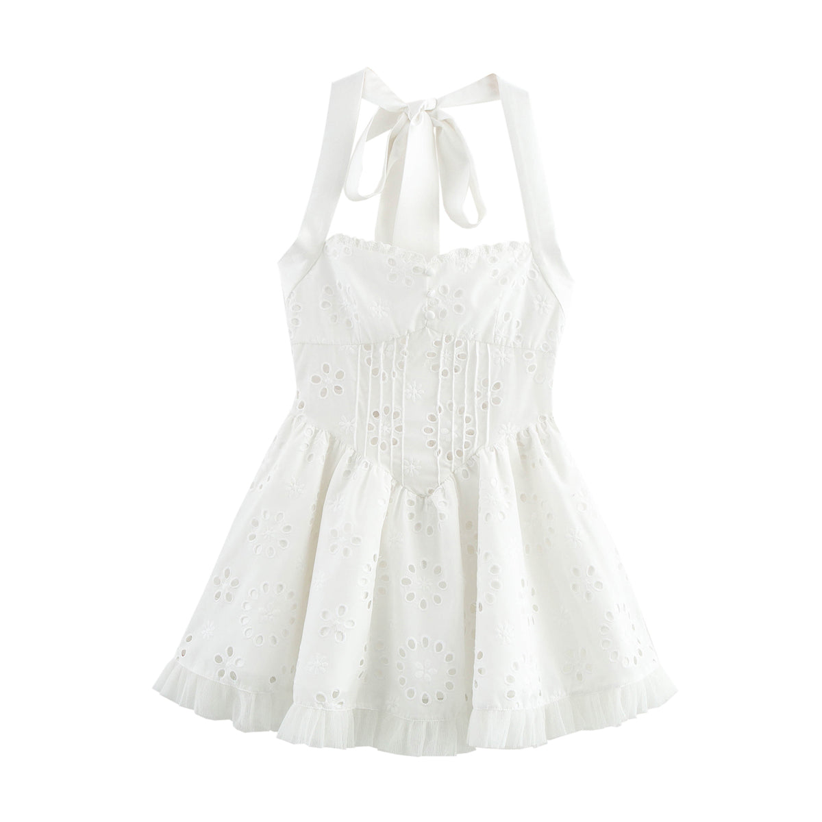 Women Sweet Cutout Embroidery Lace Stitching Halter Lace up Dress FRIDAY