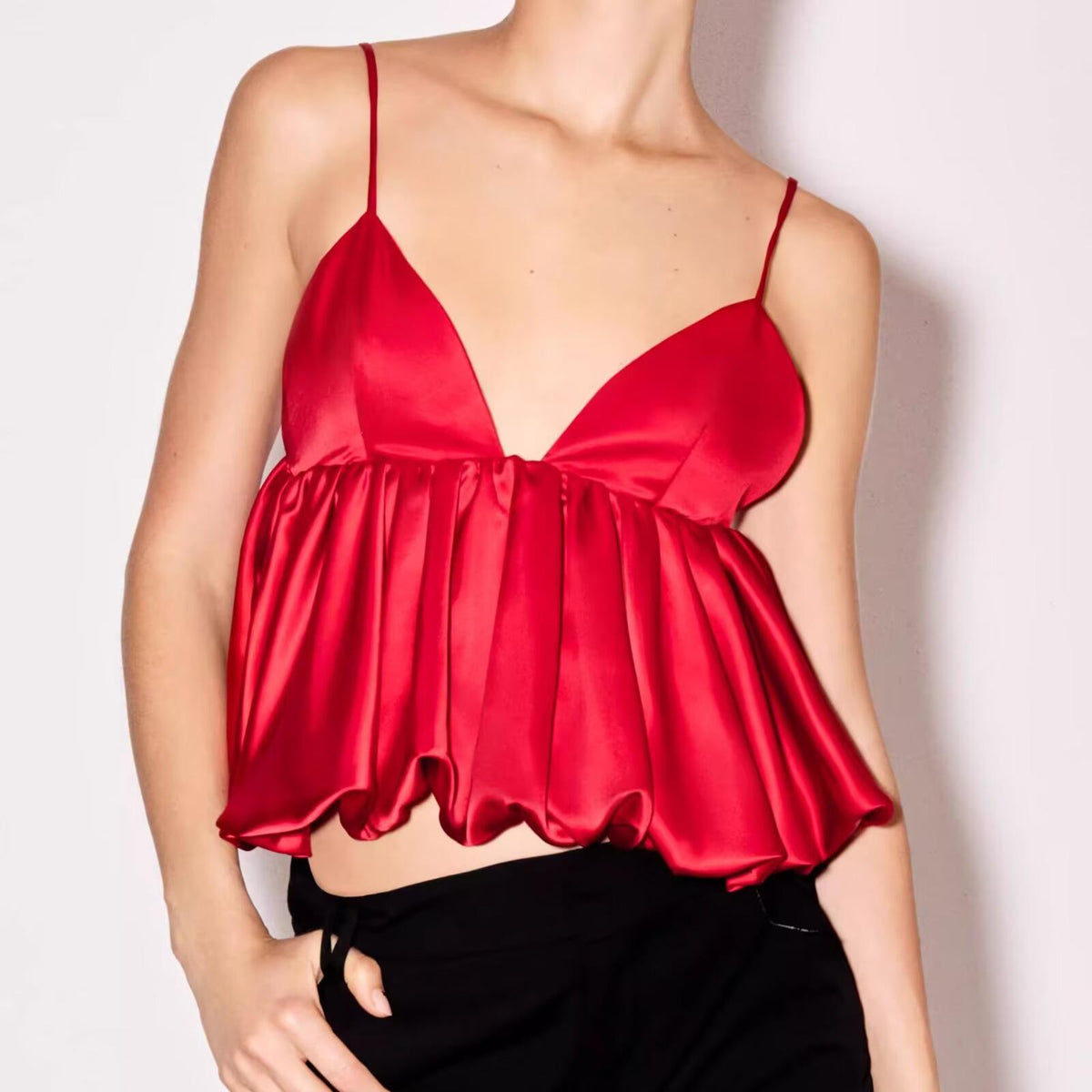 Women Clothing Women Silk Satin Texture Puffy Sleeveless Sling Top JuneMade