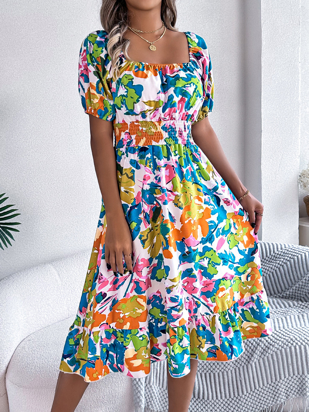 Spring Summer Casual Floral Square Collar Short Sleeve Waist Trimming Ruffles A line Dress Women Clothing BAGIISA
