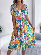 Spring Summer Casual Floral Square Collar Short Sleeve Waist Trimming Ruffles A line Dress Women Clothing BAGIISA