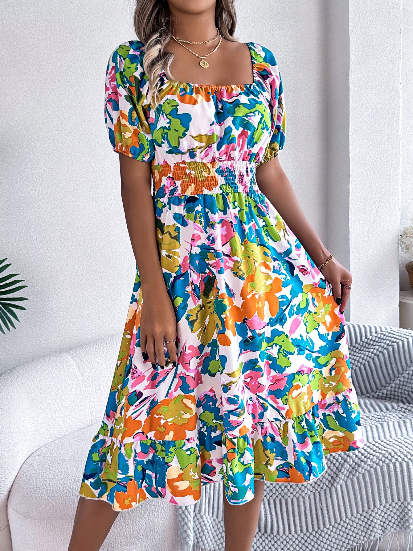 Spring Summer Casual Floral Square Collar Short Sleeve Waist Trimming Ruffles A line Dress Women Clothing BAGIISA