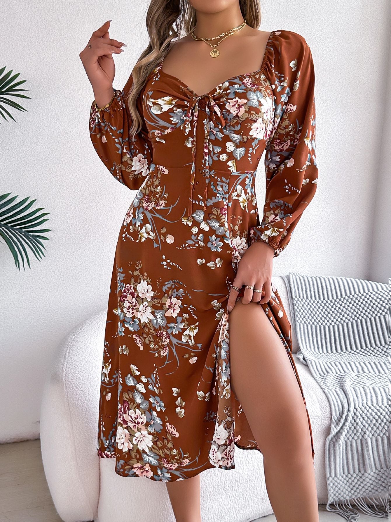 Spring Summer Sexy Lace up Knot Floral Long Sleeve Split Dress Women Clothing BAGIISA