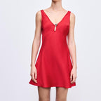 Heart Shaped Metal Decorative Silk Satin Short Dress Summer Sexy Backless V neck Slim Fit Mini Dress JuneMade