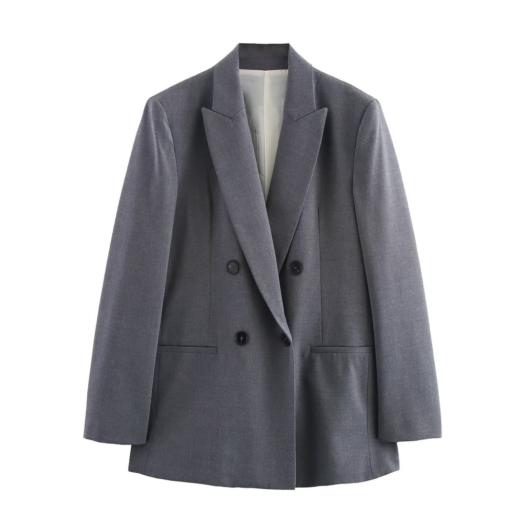 Women Double Breasted Blazer with Padded Shoulder Pant Sets SenDa