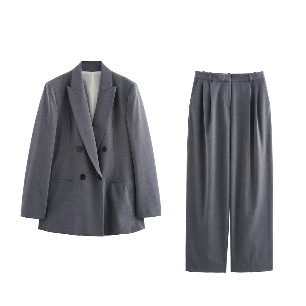Women Double Breasted Blazer with Padded Shoulder Pant Sets SenDa