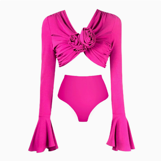 Traje de baño de dos piezas de manga larga y cintura alta de color liso para mujer