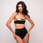 Maillot de bain tube fendu à paillettes noires et dorées pour femme, bikini sexy taille haute