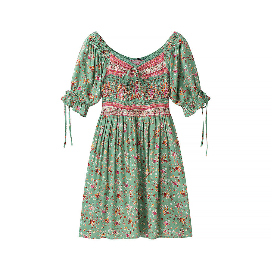 Women Clothing Autumn Green Positioning Rayon Printed Elastic Dress Women