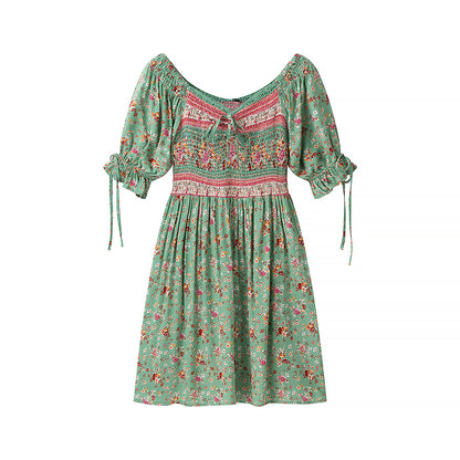 Women Clothing Autumn Green Positioning Rayon Printed Elastic Dress Women