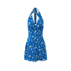Spring Vacation Lace up Halter Women Waist Slimming Floral Dress PullWind