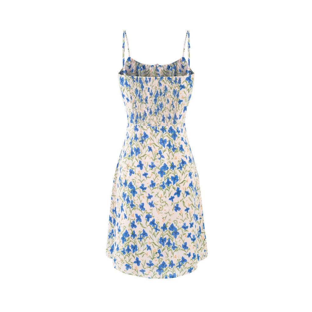 Spring Vacation Blue Butterfly Floral Tight Waist Suspender Sheath Dress PullWind