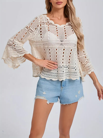 Women Crochet Hollowed Out 7 Minute Sleeve Sun Protection Jacket