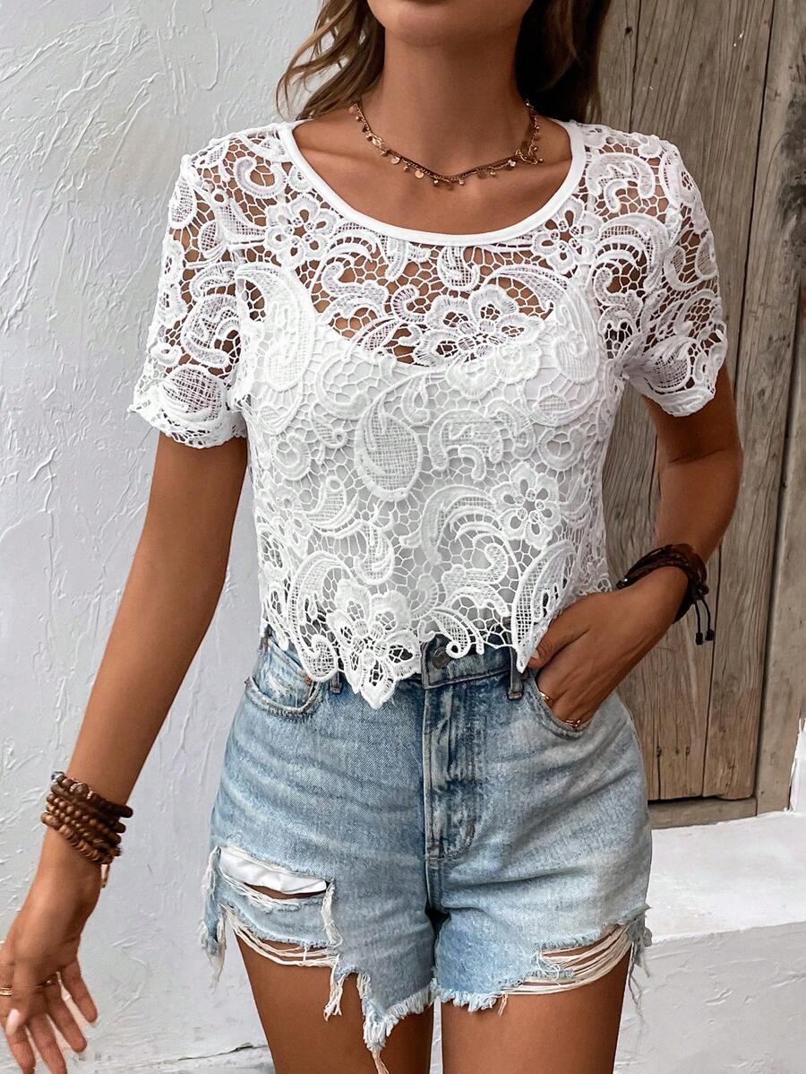 Women Spring And Autumn Hollow Hook Woven Round Neck Pullover Blouse Reddy