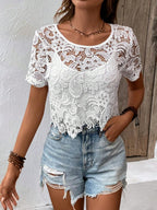 Women Spring And Autumn Hollow Hook Woven Round Neck Pullover Blouse Reddy