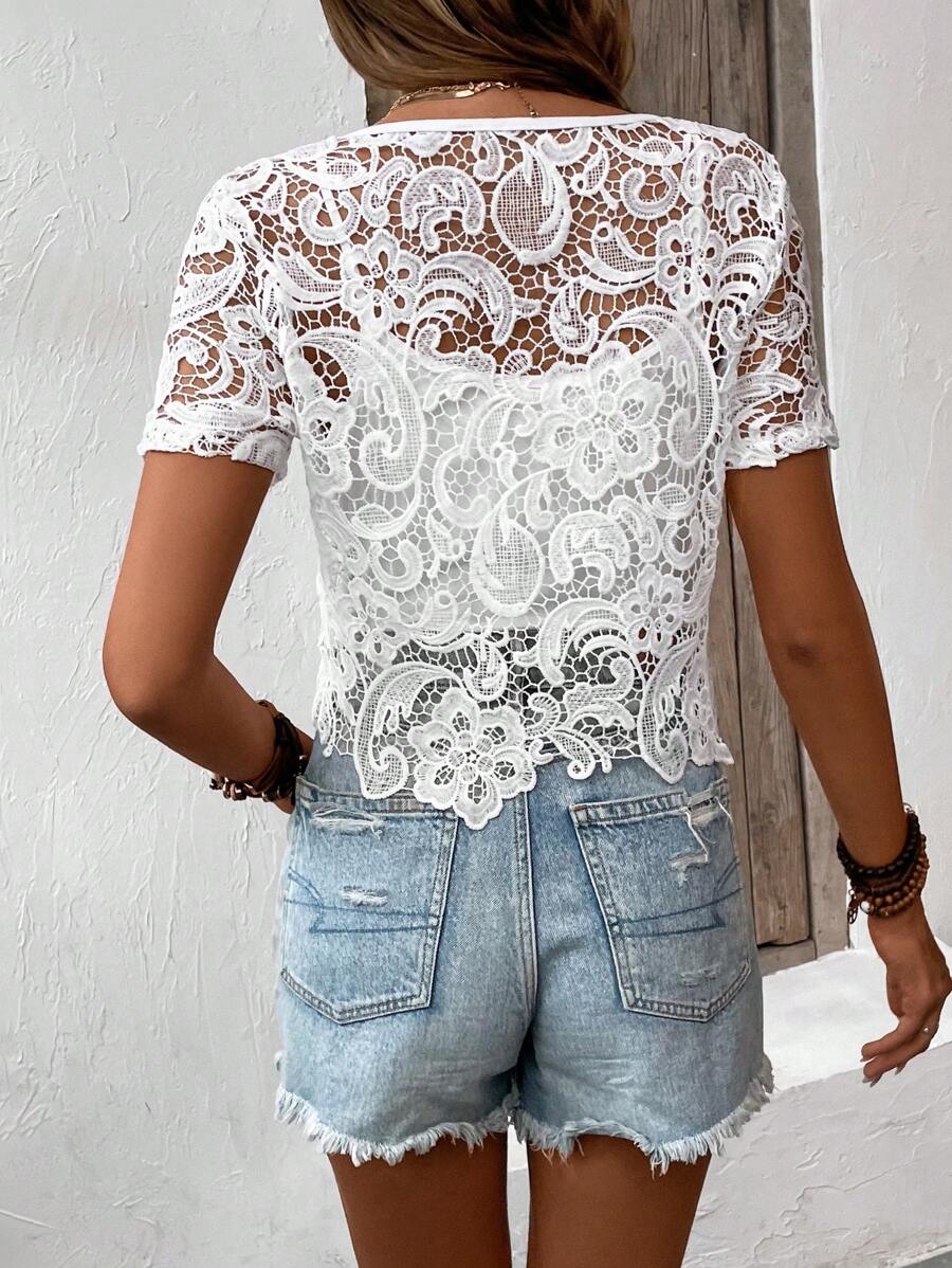 Women Spring And Autumn Hollow Hook Woven Round Neck Pullover Blouse Reddy