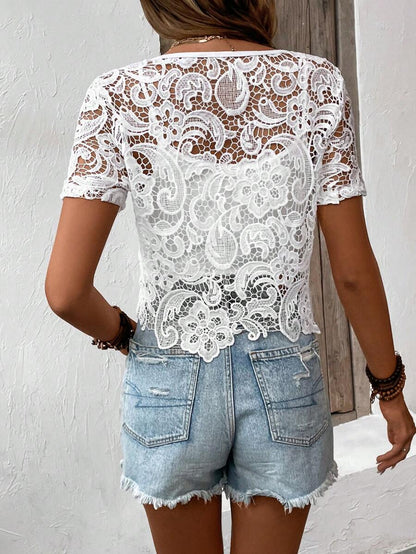 Women Spring And Autumn Hollow Hook Woven Round Neck Pullover Blouse